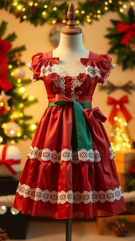 A festive Christmas dress on a dress form, decorated with lace and ribbons, in a holiday-themed setting.